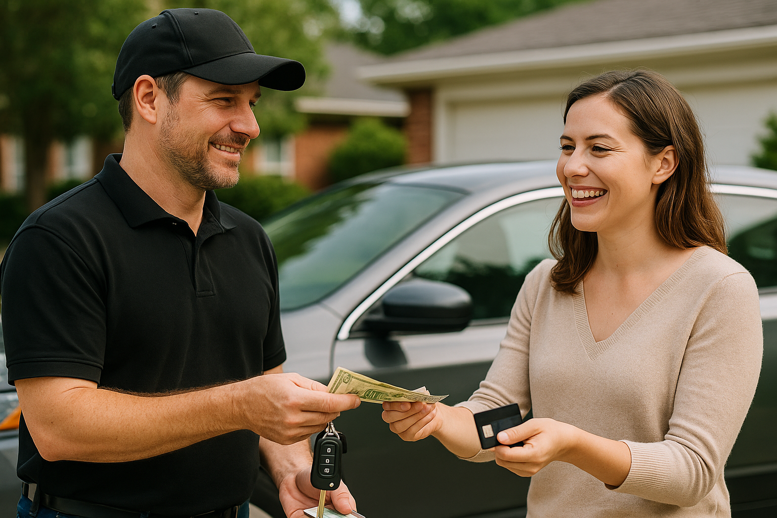 Customer paying locksmith after car unlock service