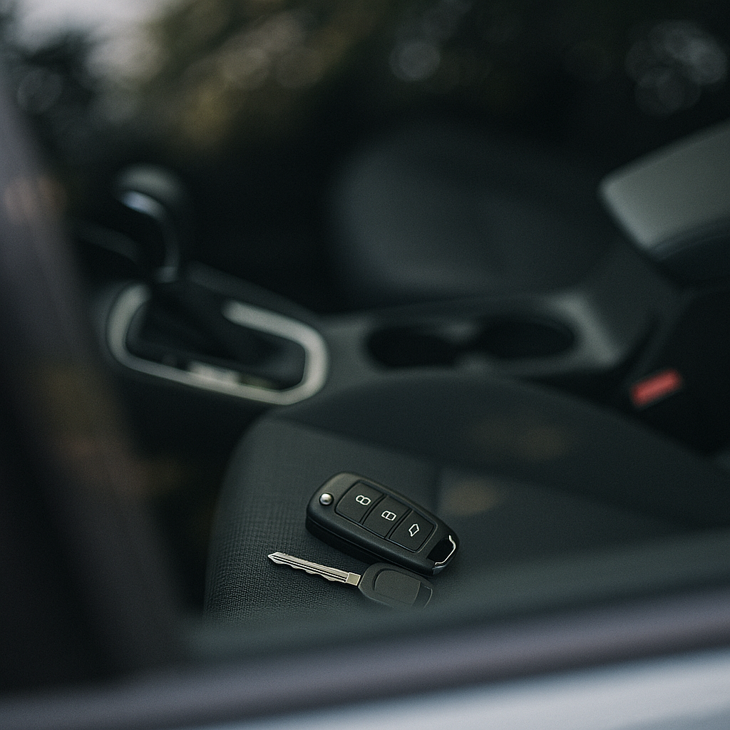Car keys visible inside locked vehicle through window