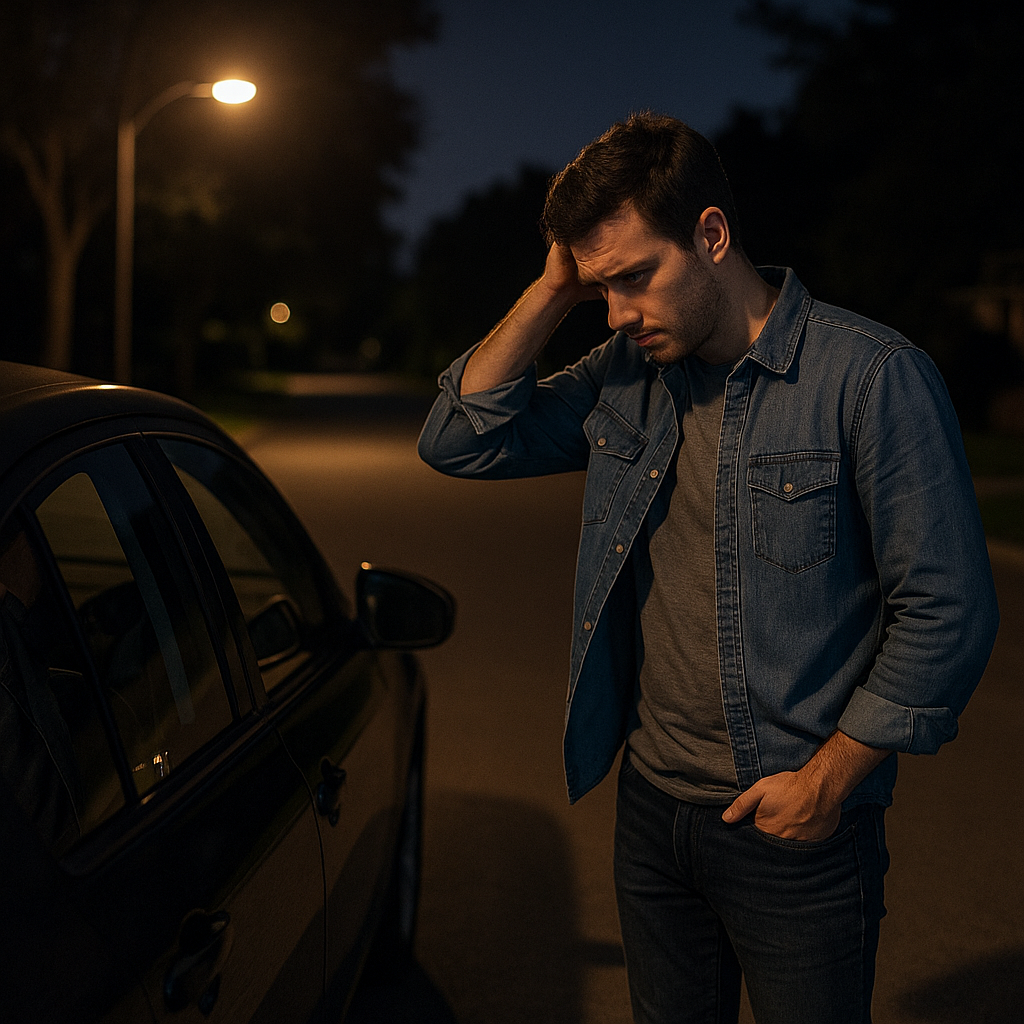 Person standing outside car at night with keys locked inside