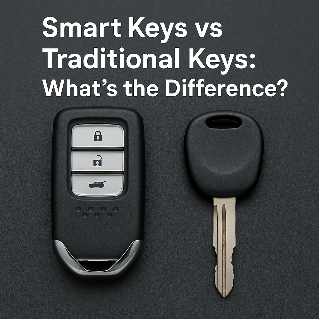 Smart key fob and traditional car key side by side