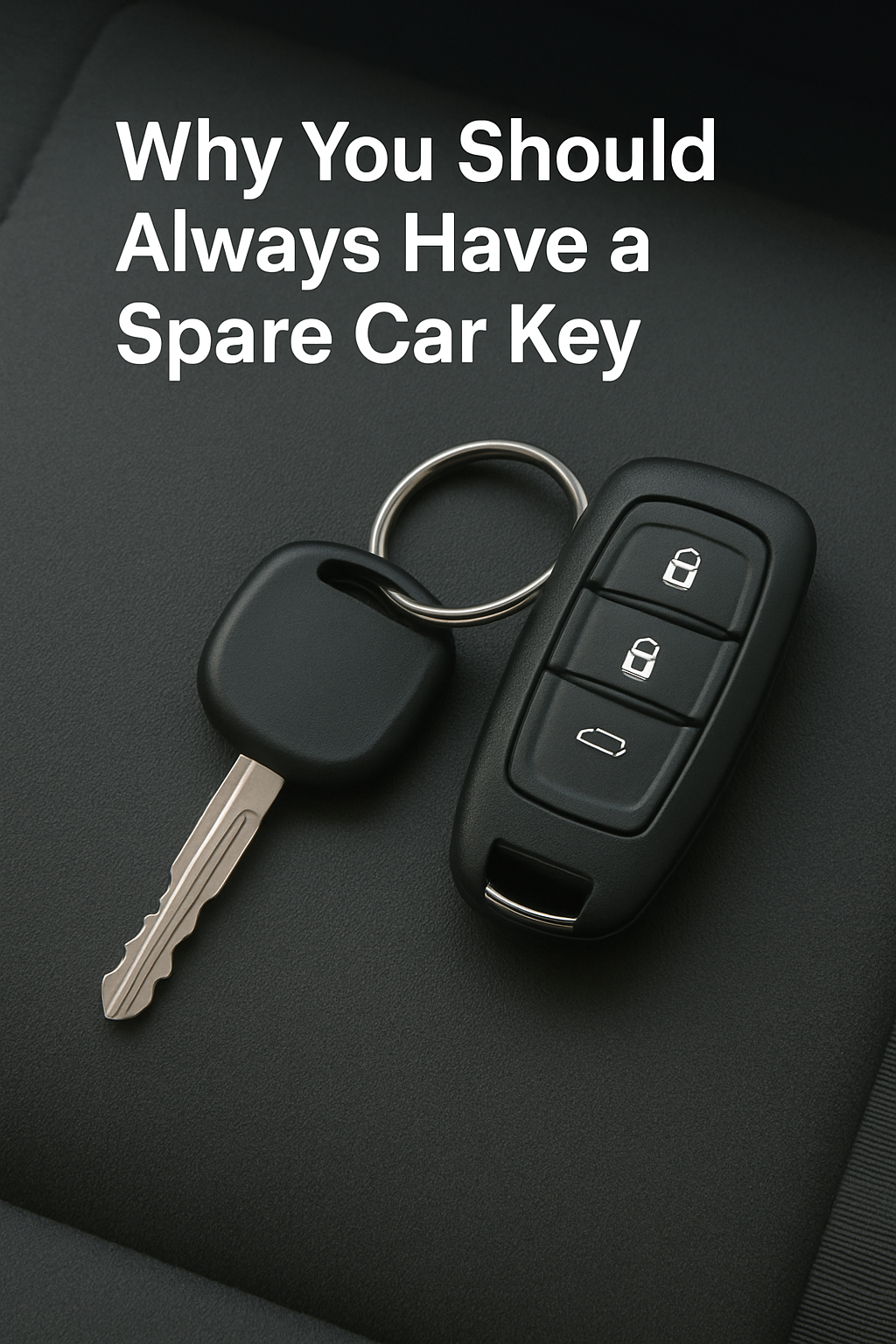 Two car keys on a keyring placed on a car seat